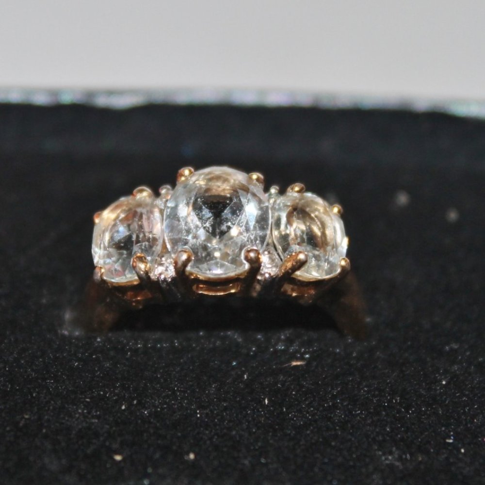 10K Yellow Gold 3 Stone Aquamarine Statement Cocktail Anniversary Ring